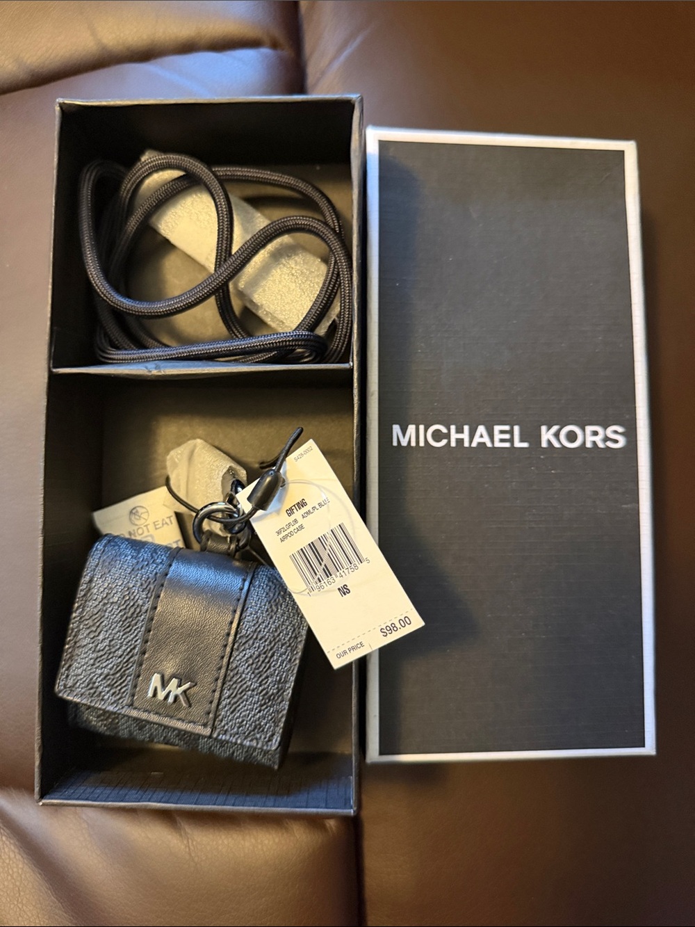 Michael Kors Black/ Blue MK AirPods  Holder with Lanyard NWT